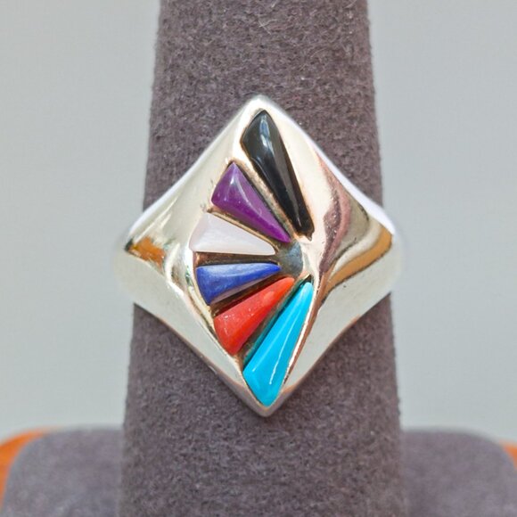 Vintage Cha Ray Inlay Ring (1989) – Sterling Silver w Turquoise, Coral & Lapis - Picture 5 of 7